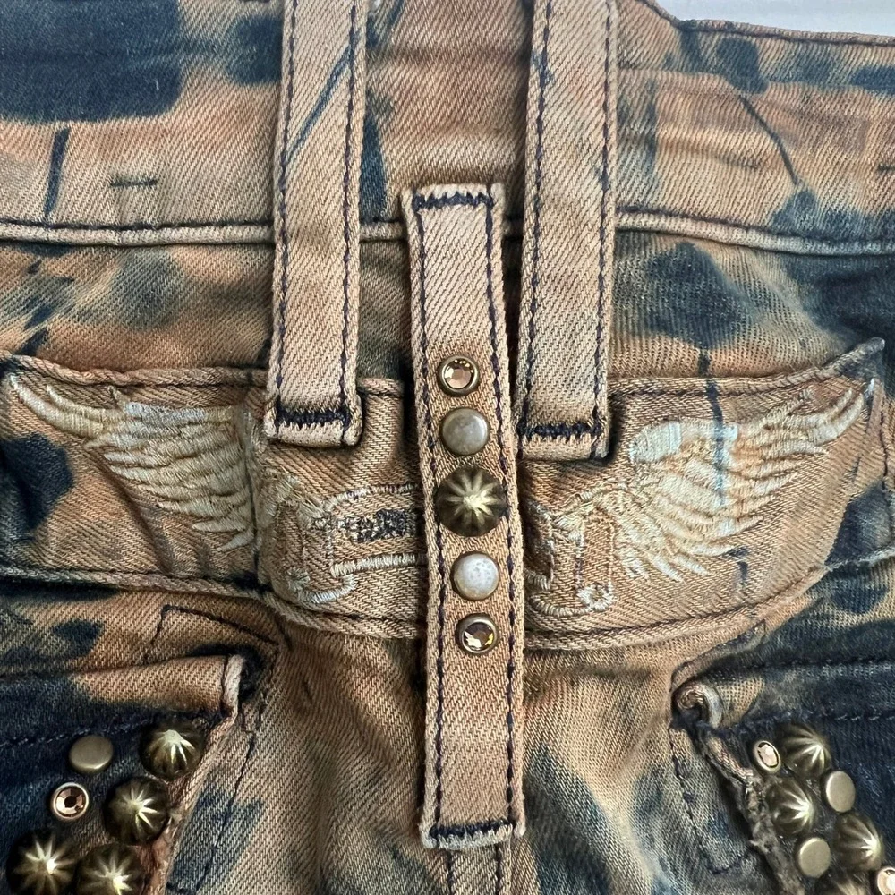 Robin's‎ Jean Black Brown Splatter Acid Wash Long Flap Pocket Studded Moto Jeans
